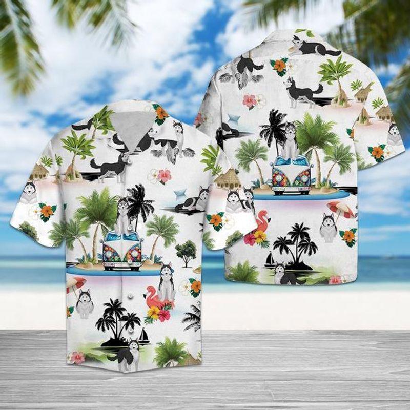 Siberian Husky Vacation   White Nice Design Unisex Hawaiian Shirt  