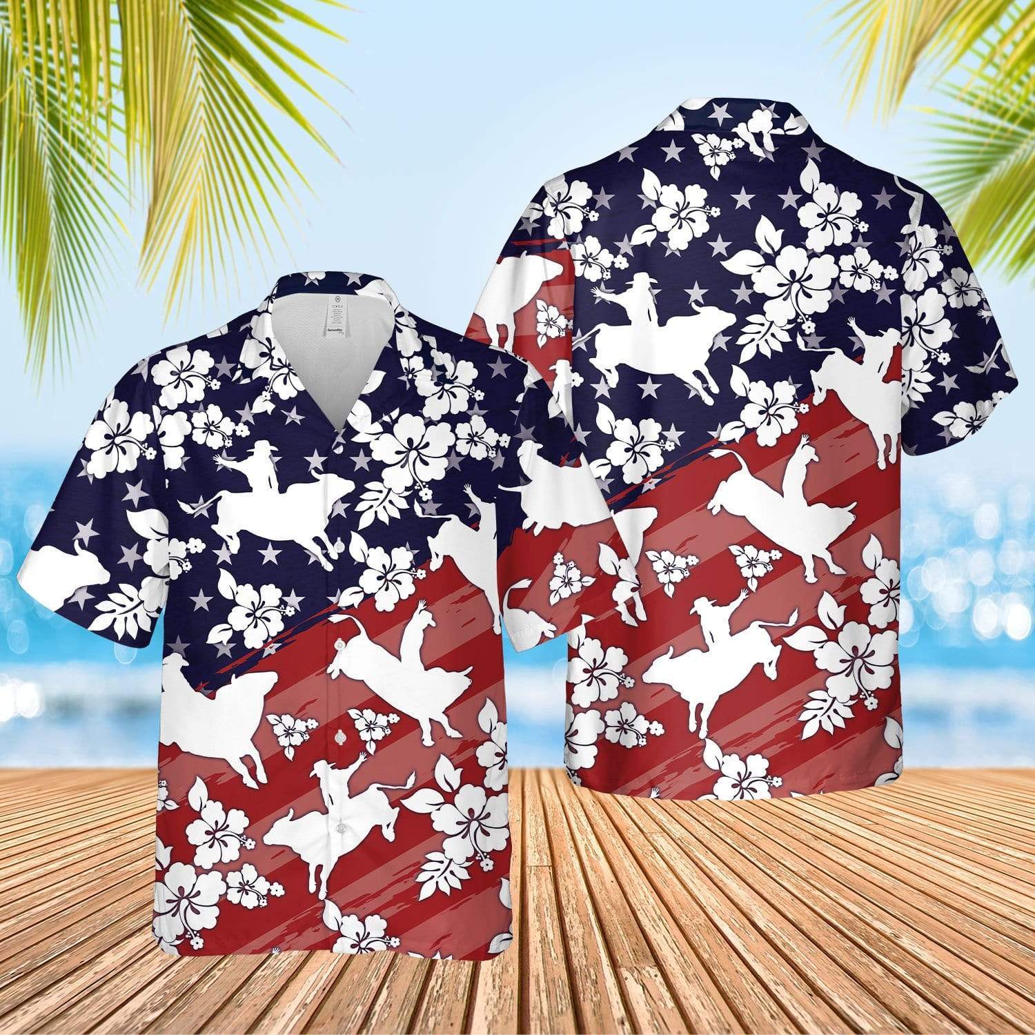 Hawaiian Aloha Shirts Bull Riding Navy And Red #210621L