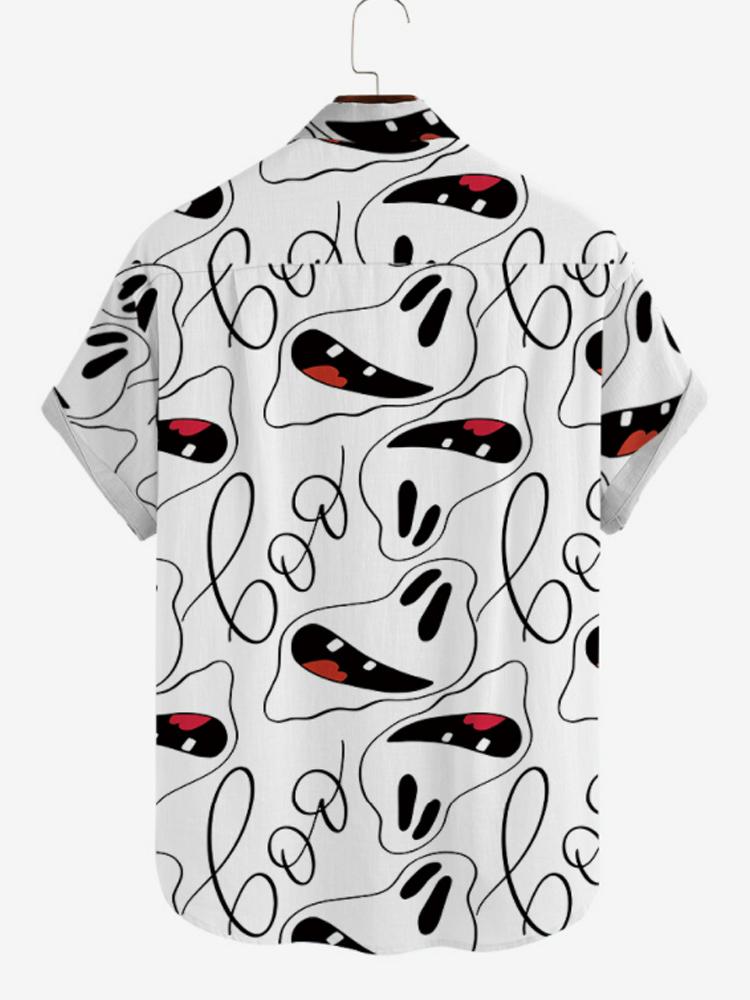 Abstract Line Drawing Cartoon Ghost Printed Mens Short Sleeve Shirt Hawaiian