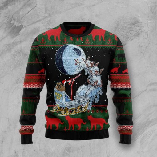 Black Cat Sleigh To Death Star Ugly Christmas Sweater 