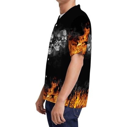 Firefighter Flame Black And White Skulls Men Hawaiian Shirt, Summer Shirt, Beach Shirts