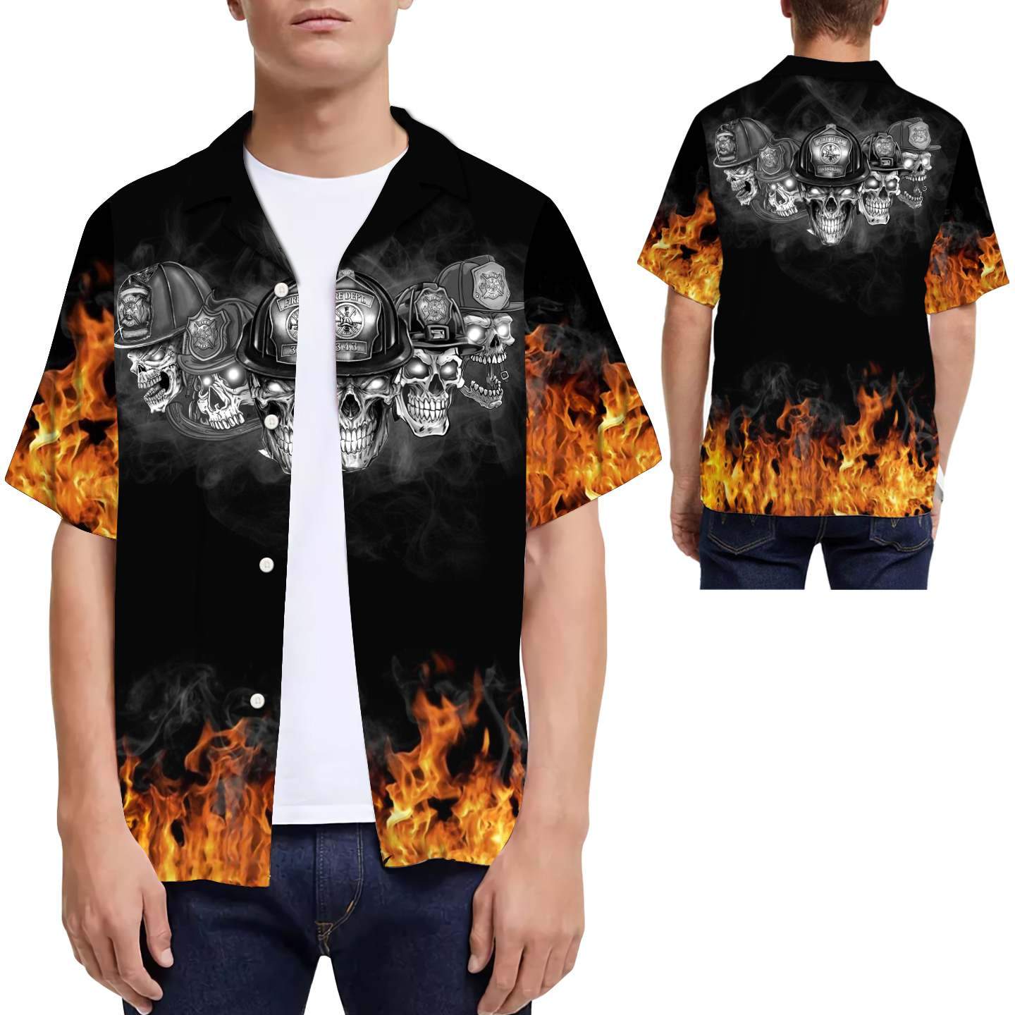 Firefighter Flame Black And White Skulls Men Hawaiian Shirt, Summer Shirt, Beach Shirts