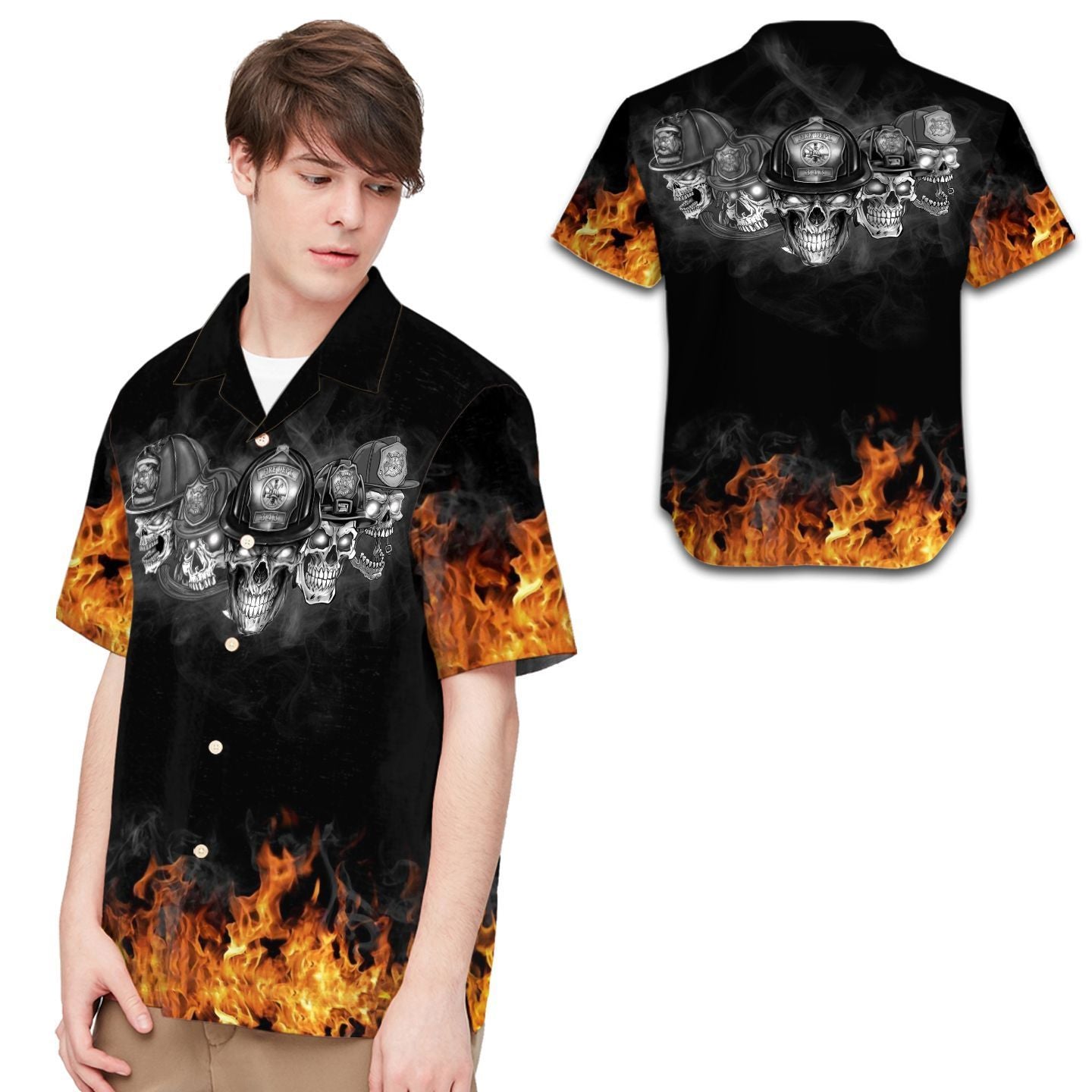 Firefighter Flame Black And White Skulls Men Hawaiian Shirt, Summer Shirt, Beach Shirts