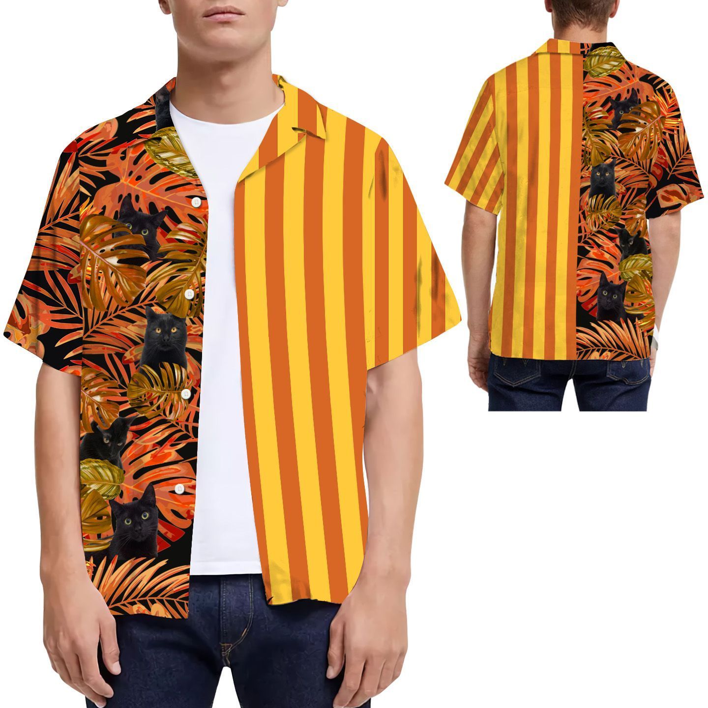 Black Cat Tropical Leaves Men Hawaiian Shirt, Summer Shirt, Beach Shirts For Pet Lovers In Daily Life