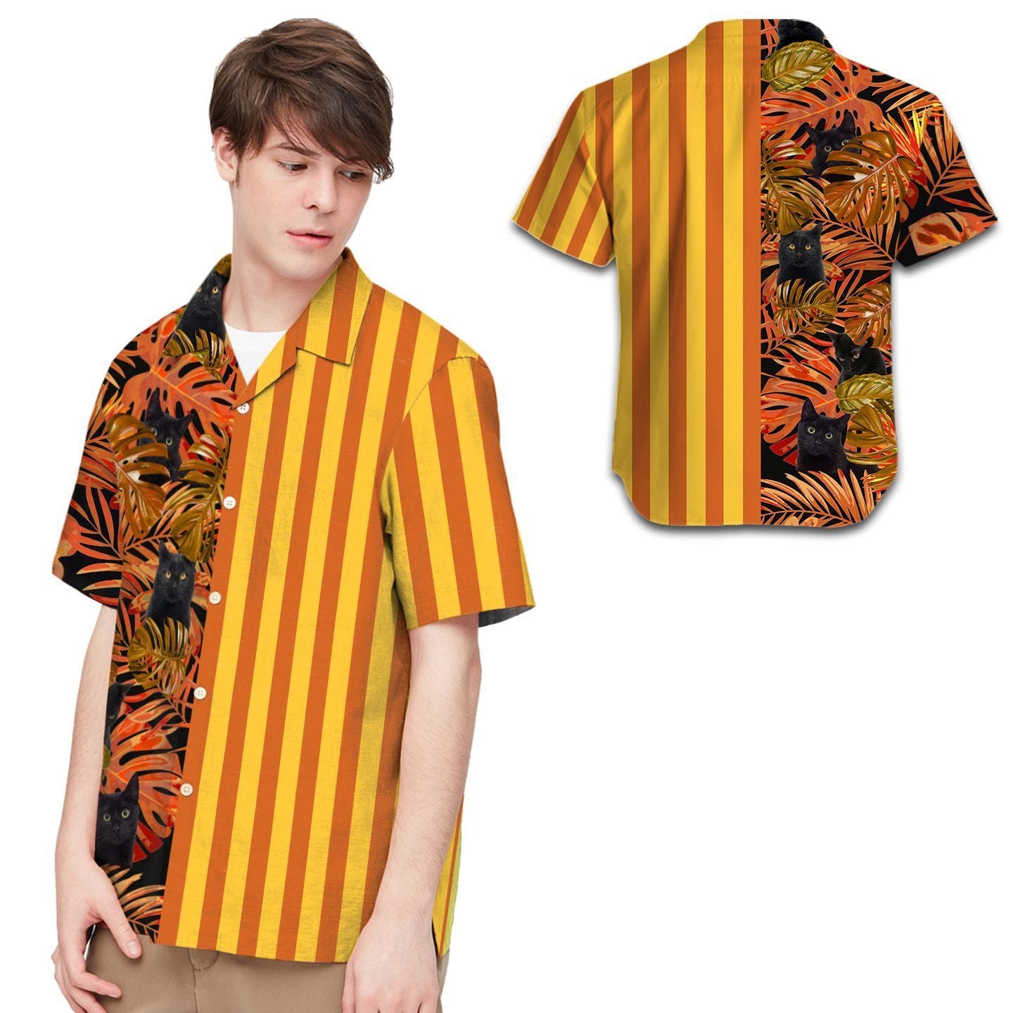 Black Cat Tropical Leaves Men Hawaiian Shirt, Summer Shirt, Beach Shirts For Pet Lovers In Daily Life