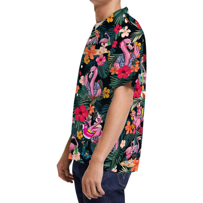 Flamingo Hibiscus Tropical Leaves Men Hawaiian Shirt, Summer Shirt, Beach Shirts For Boys In Summer