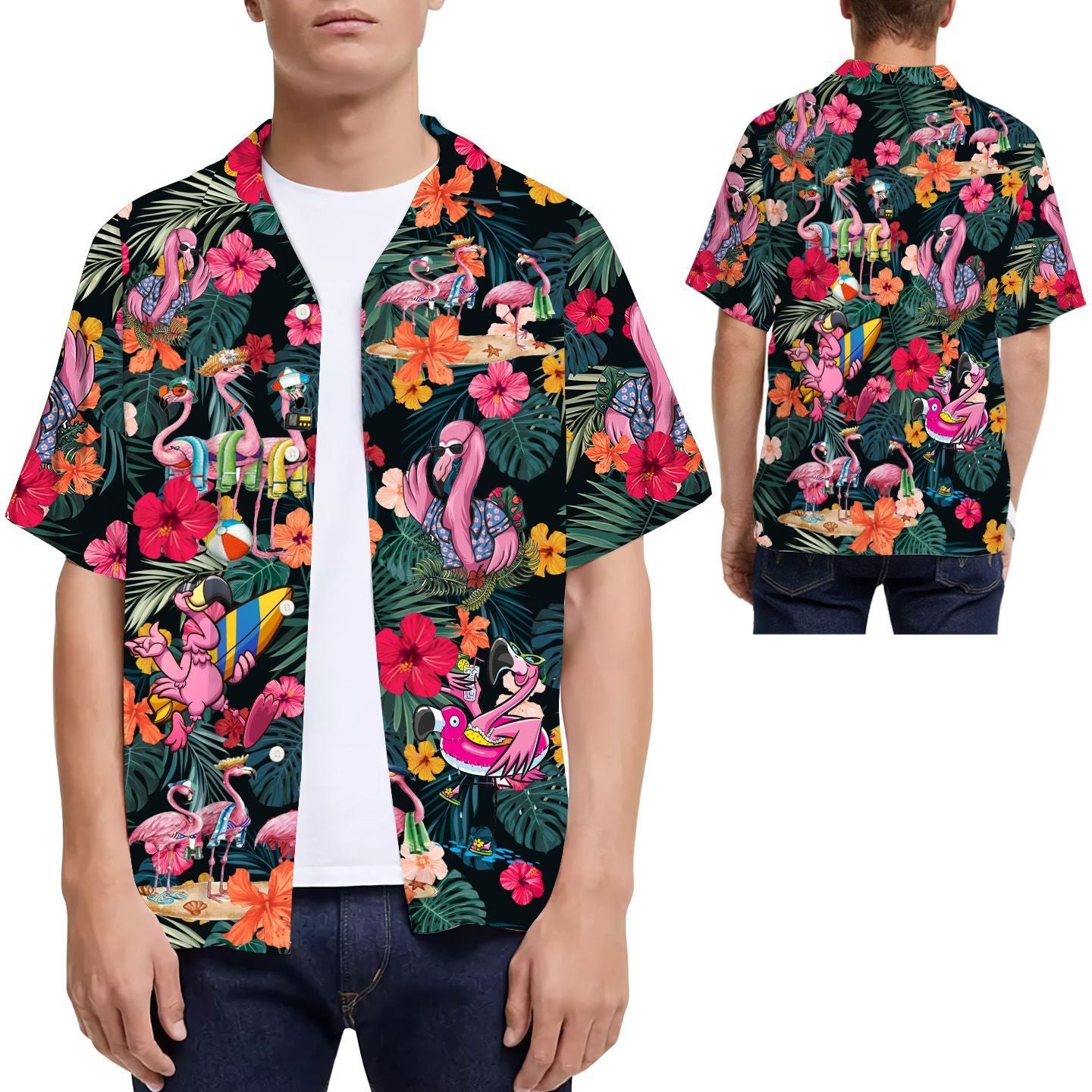 Flamingo Hibiscus Tropical Leaves Men Hawaiian Shirt, Summer Shirt, Beach Shirts For Boys In Summer