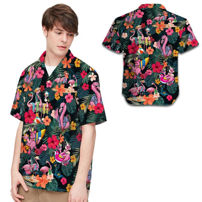 Flamingo Hibiscus Tropical Leaves Men Hawaiian Shirt, Summer Shirt, Beach Shirts For Boys In Summer