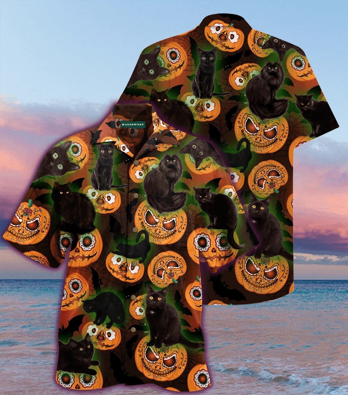 Beach Shirt High Quality Black Cat Pumpkin Halloween Hawaiian Shirts