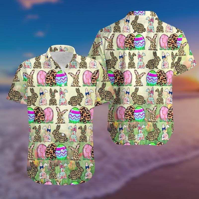 Beach Shirt Hawaiian Shirts Bunny Leopard & Eggs Green Happy Easter Day