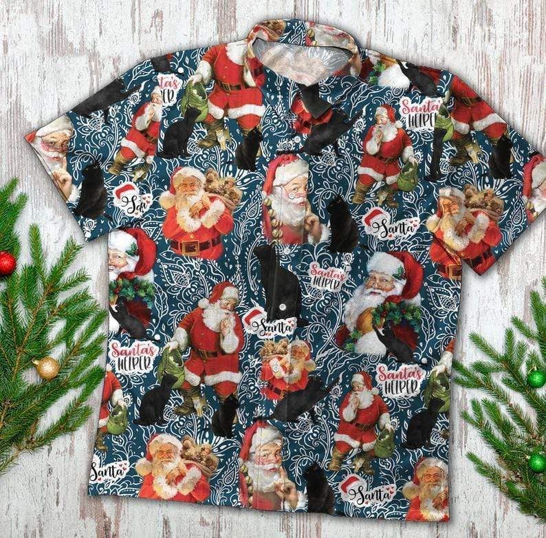 Beach Shirt High Quality Funny Santa Claws Black Cat Christmas Hawaiian Shirts