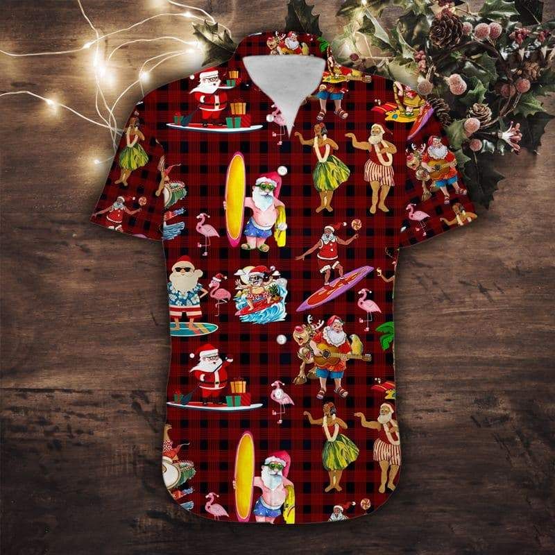 Beach Shirt Cute Santa Claus Surfing Merry Christmas Unisex Hawaiian Shirts