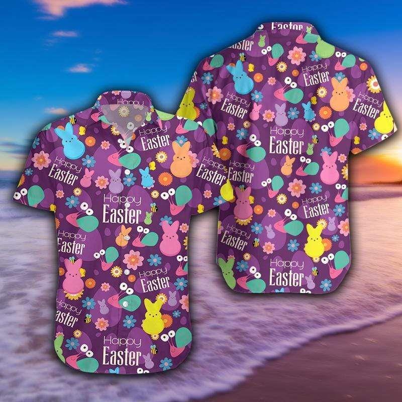 Beach Shirt Happy Easter Colorful Bunny Purple Hawaiian Aloha Shirts