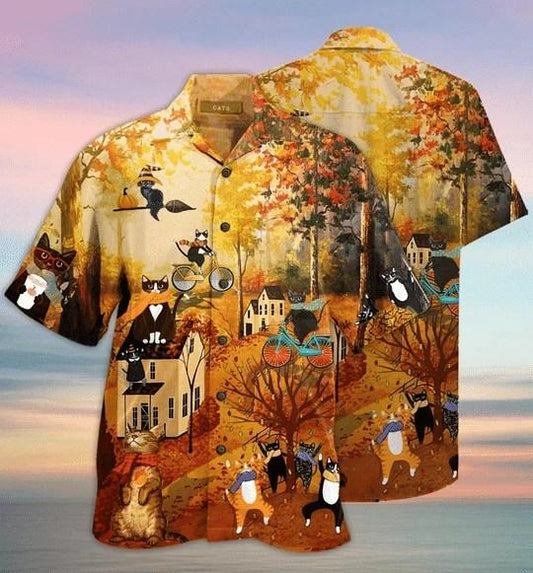 Beach Shirt Order Funny Black Cat In The Autumn Hawaiian Aloha Shirts