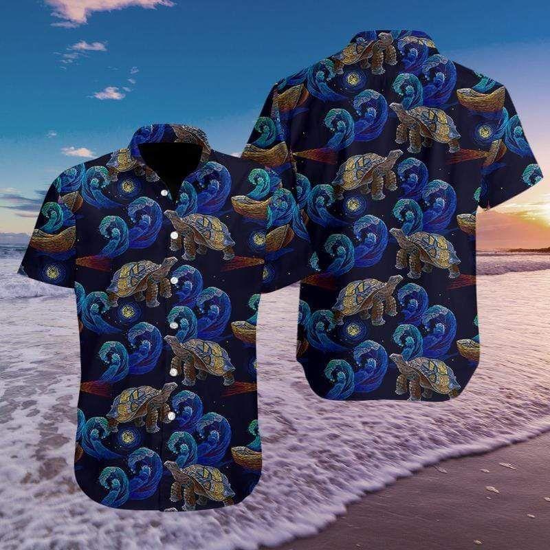 Beach Shirt Get Here Turtle In The Night Ocean Embroidery Art Hawaiian Aloha Shirts Fantastic