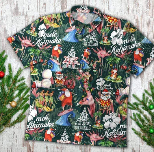 Beach Shirt Discover Cool Funny Flamingo Santa Claws Surfing Christmas Hawaiian Aloha Shirts V