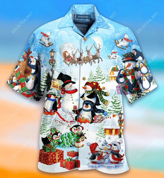 Beach Shirt Shop Penguins Under Snowy Merry Christmas Hawaiian Aloha Shirts