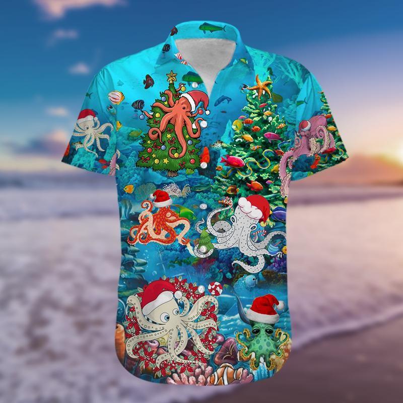 Beach Shirt Funny Octopus Christmas Blue Hawaiian Aloha Shirts