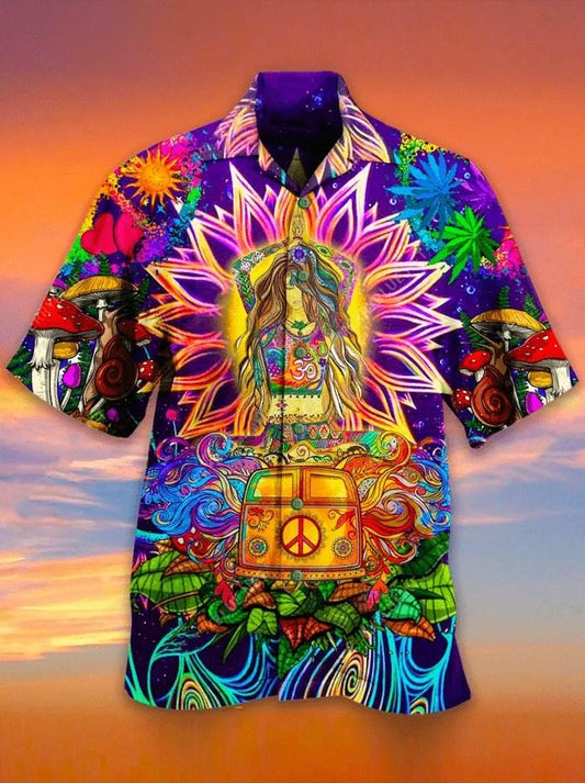 Beach Shirt Colorful Hippie Yoga Girl Camper Van Hawaiian Aloha Shirts