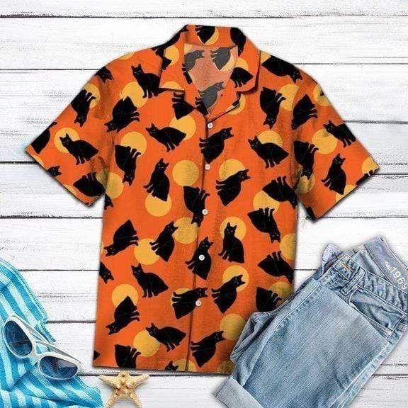 Beach Shirt Cover Your Body With Amazing Halloween Black Cat Orange Hawaiian Aloha Shirts 