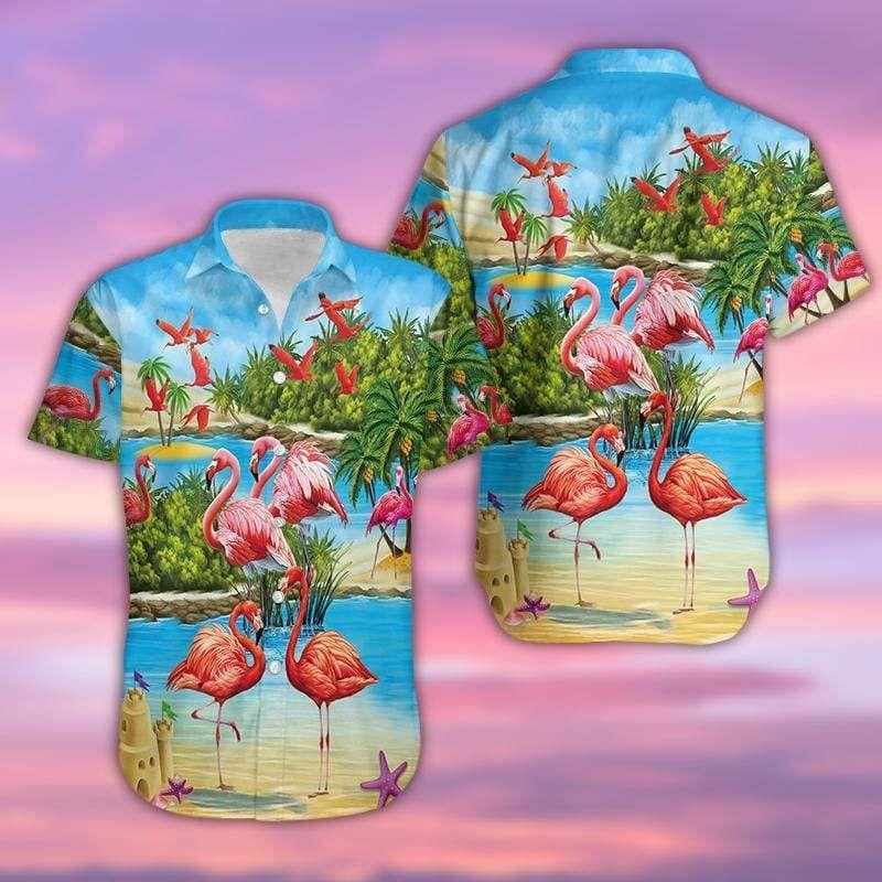 Beach Shirt Beautiful Flamingo On The Beach Blue And Pink Unisex Hawaiian Aloha Shirts