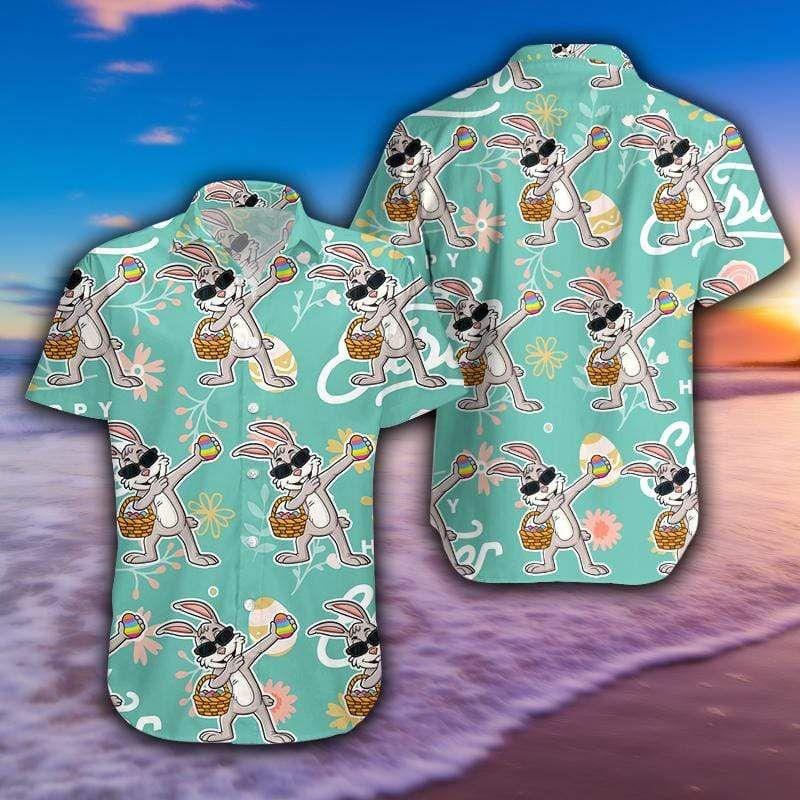 Beach Shirt Funny Dabbing Bunny With Egg Happy Easter Green Hawaiian Aloha Shirts