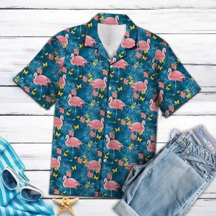 Beach Shirt Flamingo Tropical Palm Hawaiian Aloha Shirts H