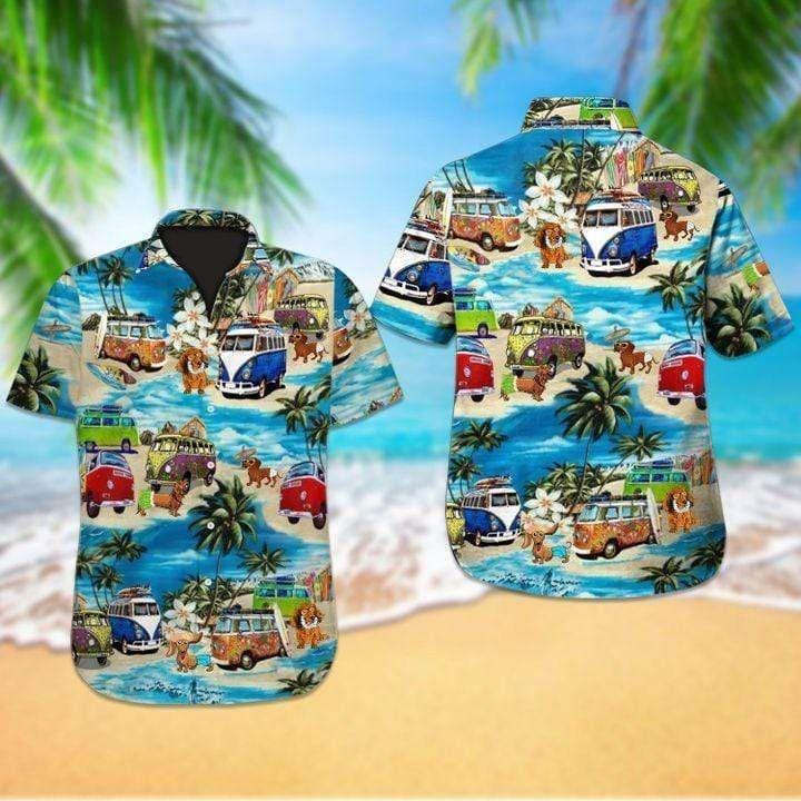 Beach Shirt Camping Car With Dog On The Beach Hawaiian Aloha Shirts