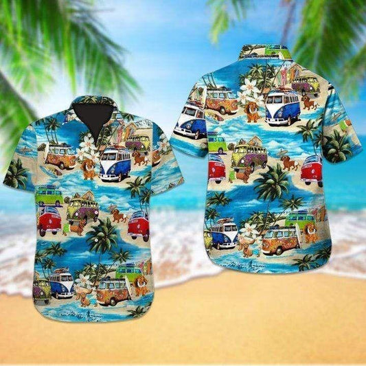 Beach Shirt Camping Car With Dog On The Beach Hawaiian Aloha Shirts