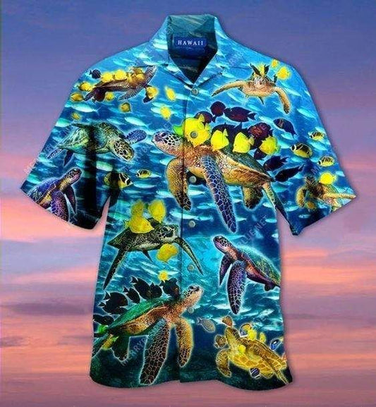 Beach Shirt Hawaiian Aloha Shirts Go With The Flow Turtles And Fish