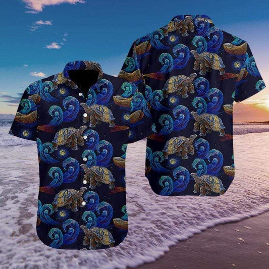 Beach Shirt Cover Your Body With Amazing Turtle In The Night Ocean Embroidery Art Hawaiian Aloha Shirts Fantasti