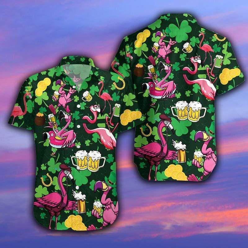 Beach Shirt Check Out This Awesome Flamingo Drink Beer On Saint Patricks Day Pink Green Hawaiian Aloha Shirts 05