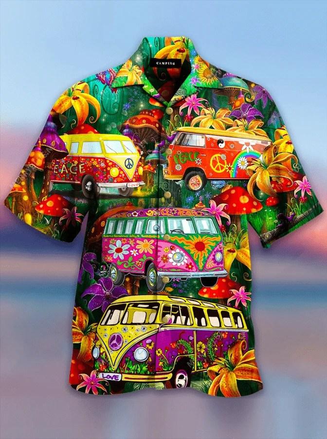 Beach Shirt Awesome Happy Hippie Camping an Hawaiian Aloha Shirts