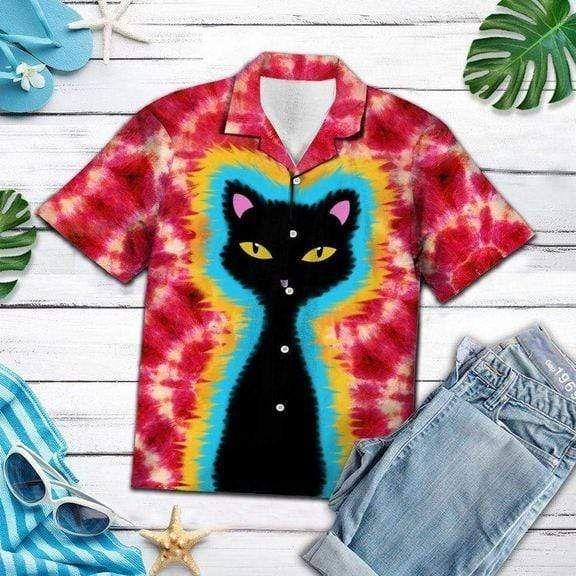 Beach Shirt Tie-Dye Hippie Black Cat Hawaiian Aloha Shirts