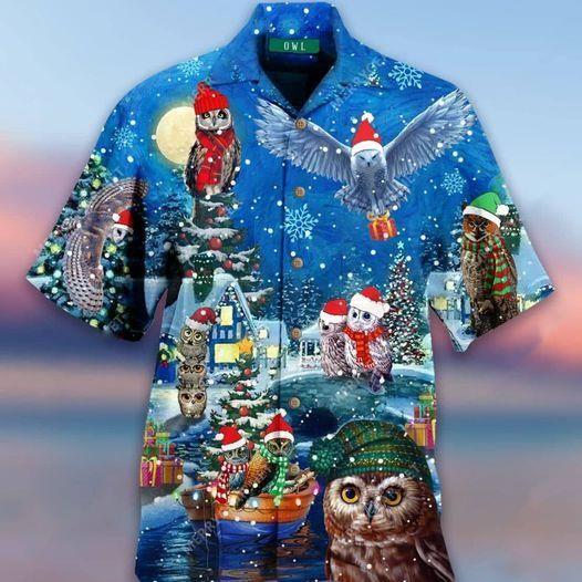 Beach Shirt Amazing Owl On Christmas Days Blue Hawaiian Aloha Shirts