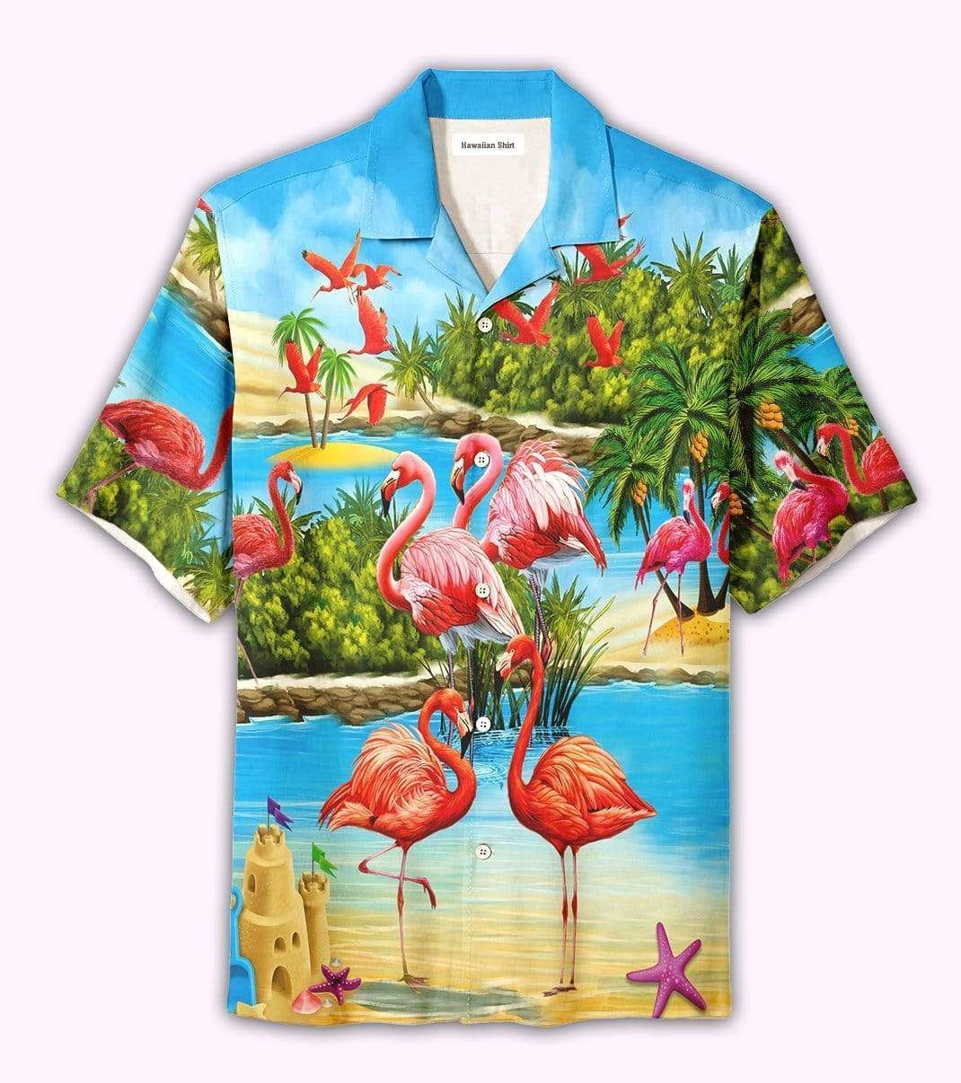 Beach Shirt Get Now Beautiful Flamingo On The Beach Blue And Pink Unisex Hawaiian Aloha Shirts