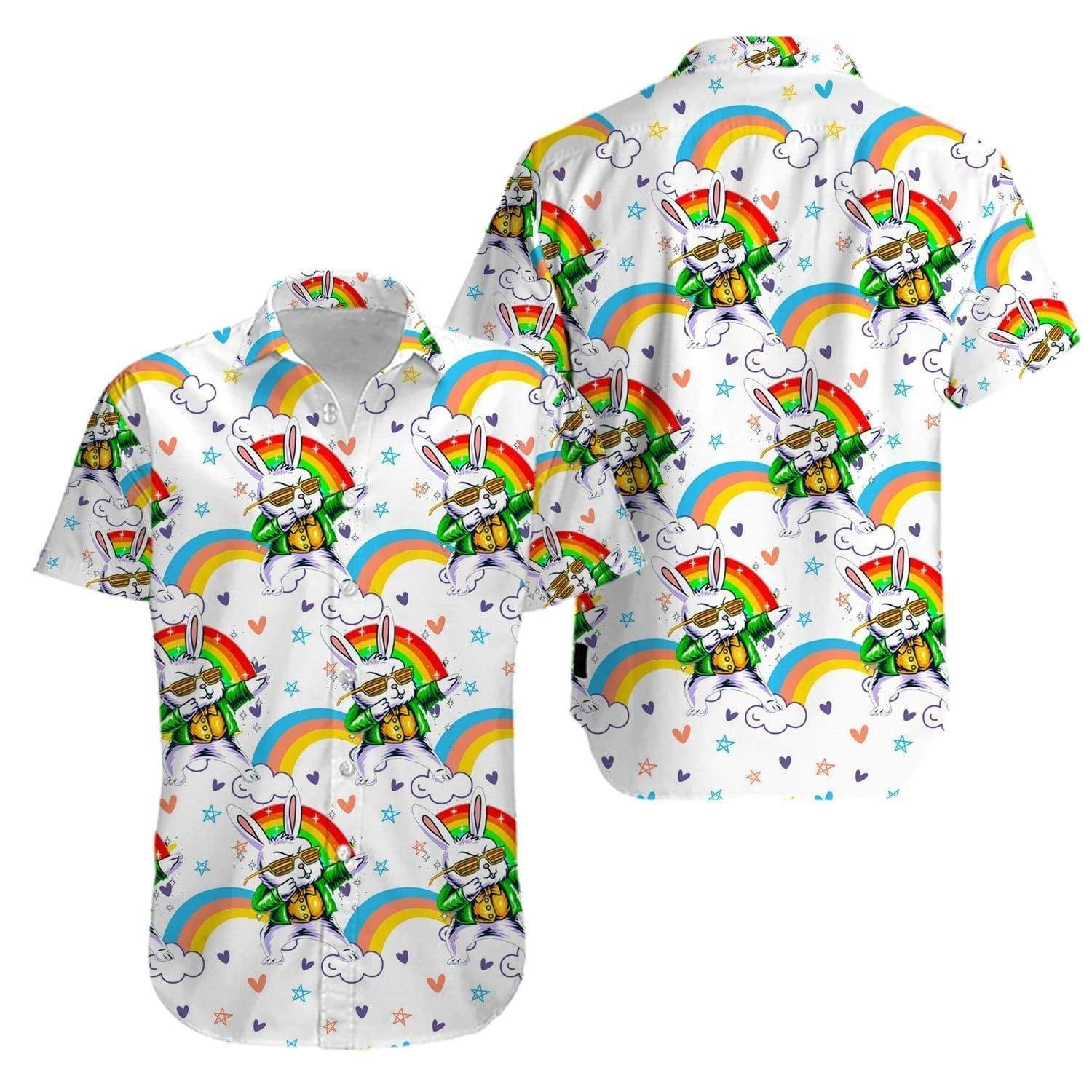 Beach Shirt High Quality Bunny Funny Rainbow Dab Happy Easter Day Hawaiian Aloha Shirts V