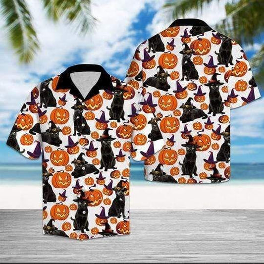 Beach Shirt Black Cat Halloween Pattern Hawaiian Aloha Shirts