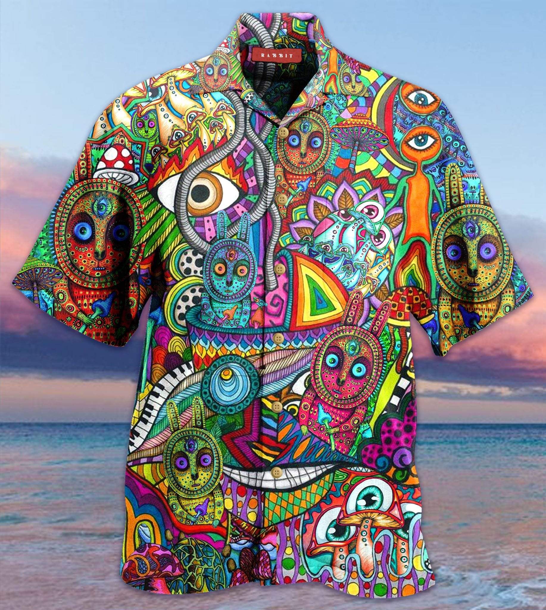 Beach Shirt Amazing Colorful Hippy Bunny Happy Easter Unisex Hawaiian Aloha Shirts