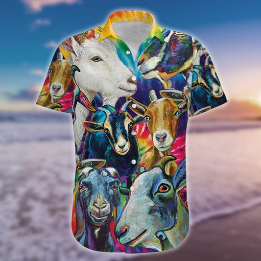 Beach Shirt Colorful Goat Art Farmer Unisex Hawaiian Aloha Shirts 130221H