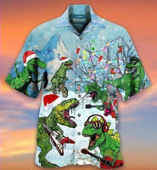 Beach Shirt Shop Hawaiian Aloha Shirts Dinosaurs Play Guitar On Christmas