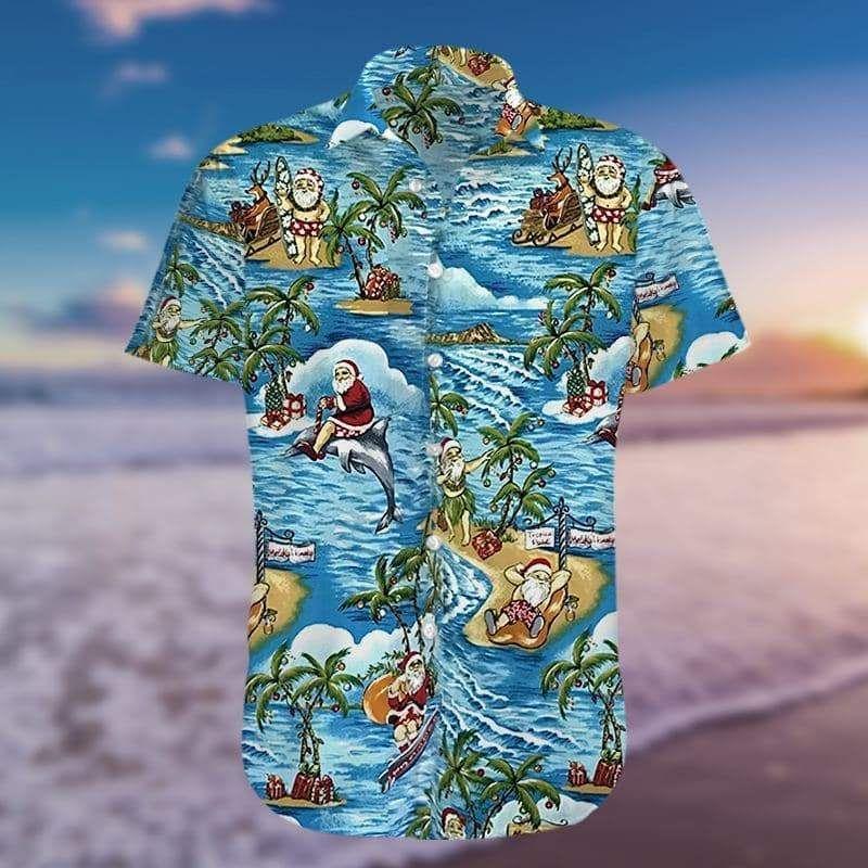 Beach Shirt Find Funny Santa Claus Surfing Dolphin Summer Hawaiian Aloha Shirts H