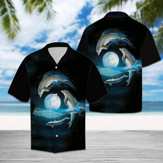 Beach Shirt Order Dolphins With The Moon Hawaiian Aloha Shirts