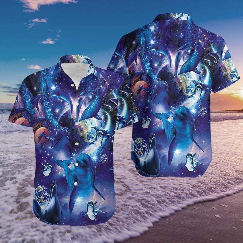 Beach Shirt Get Here Hawaiian Aloha Shirts Galaxy Dolphins 