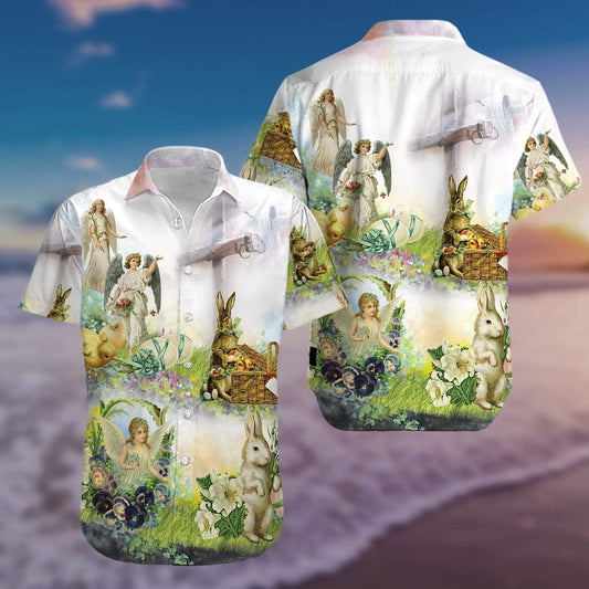 Beach Shirt High Quality Vintage Jeus And Angel Bunny Eggs Easter Day Hawaiian Aloha Shirts V