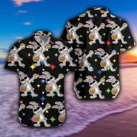 Beach Shirt Get Here Funny Dabbing Bunny With Egg Happy Easter Black Hawaiian Aloha Shirts