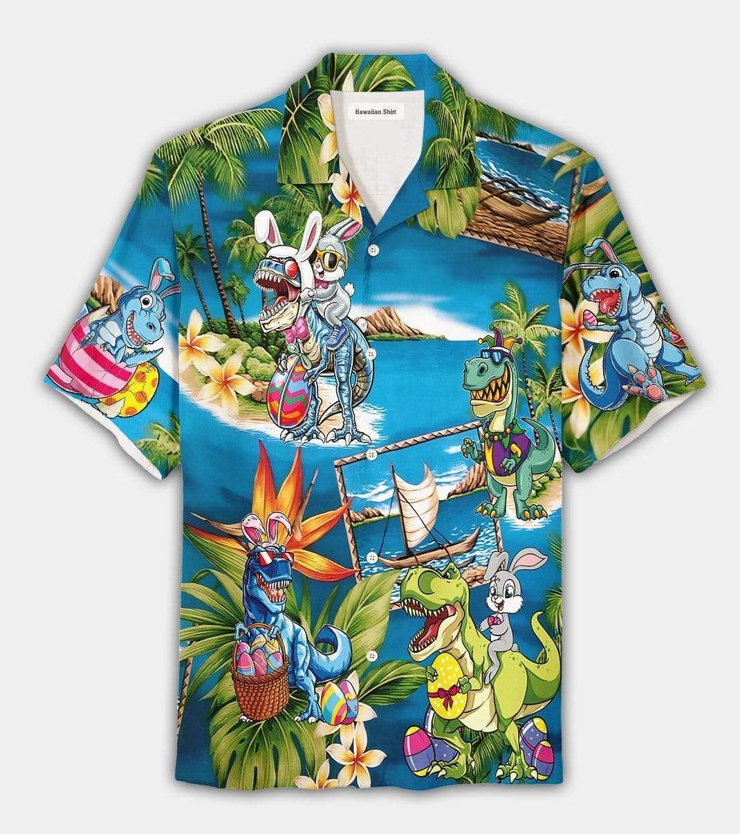 Beach Shirt Find Happy Easter 2021 Amazing Bunny Riding Dinosaur Unisex Hawaiian Aloha Shirts 