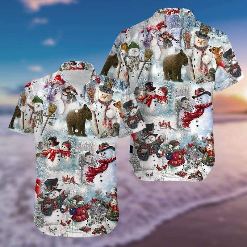 Beach Shirt Cute Snowman Merry Christmas Hawaiian Aloha Shirts 