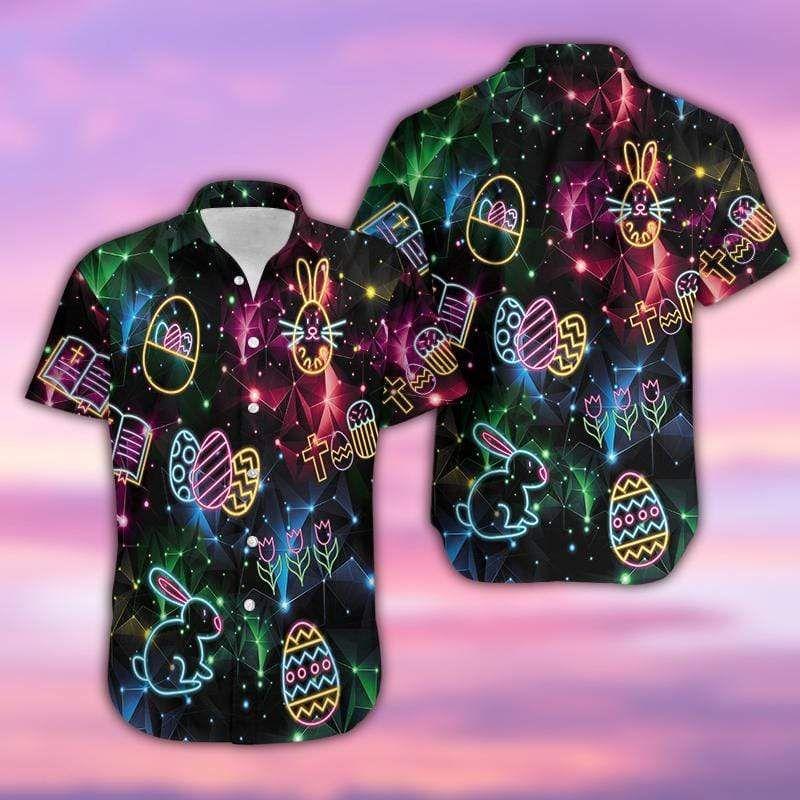 Beach Shirt Hawaiian Aloha Shirts Happ Easter Day Neon Bunny 1103