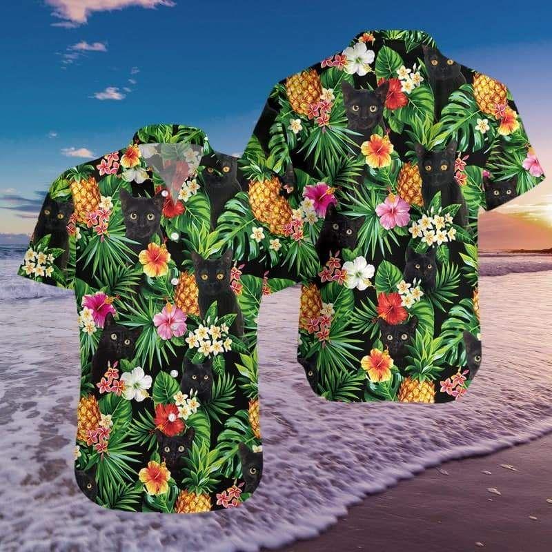 Beach Shirt Get Here Black Cat Pineapple Tropical Hawaiian Aloha Shirts 